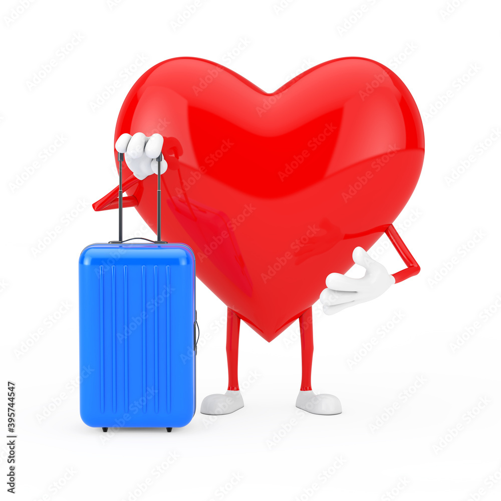 Poster red heart character mascot with blue travel suitcase. 3d rendering