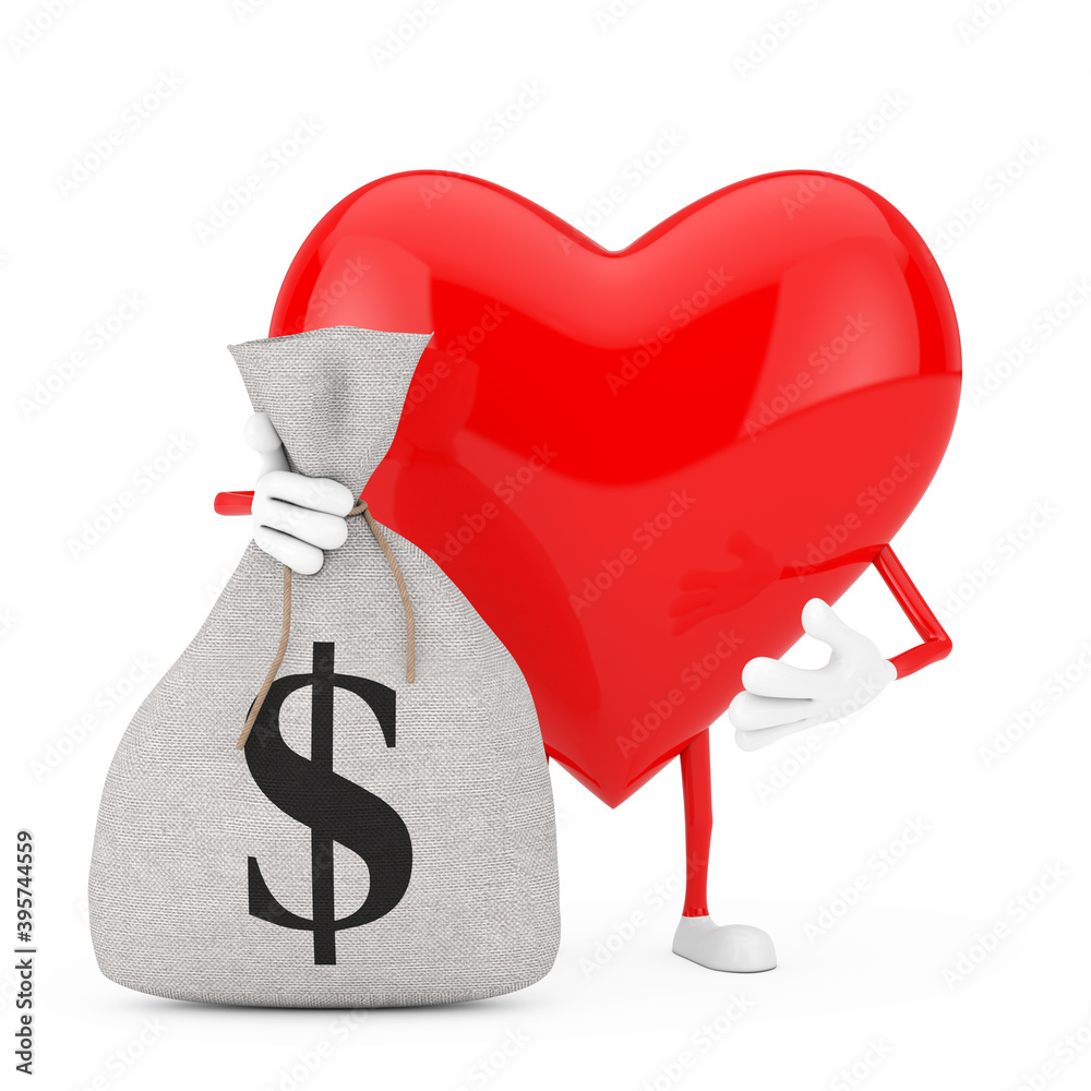 Poster red heart character mascot and tied rustic canvas linen money sack or money bag with dollar sign. 3d