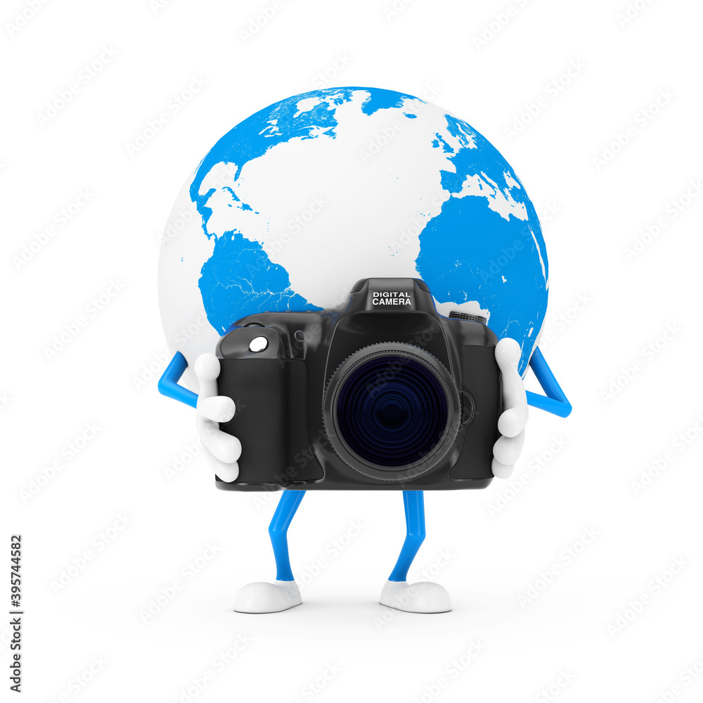 Poster earth globe character mascot with modern digital photo camera. 3d rendering