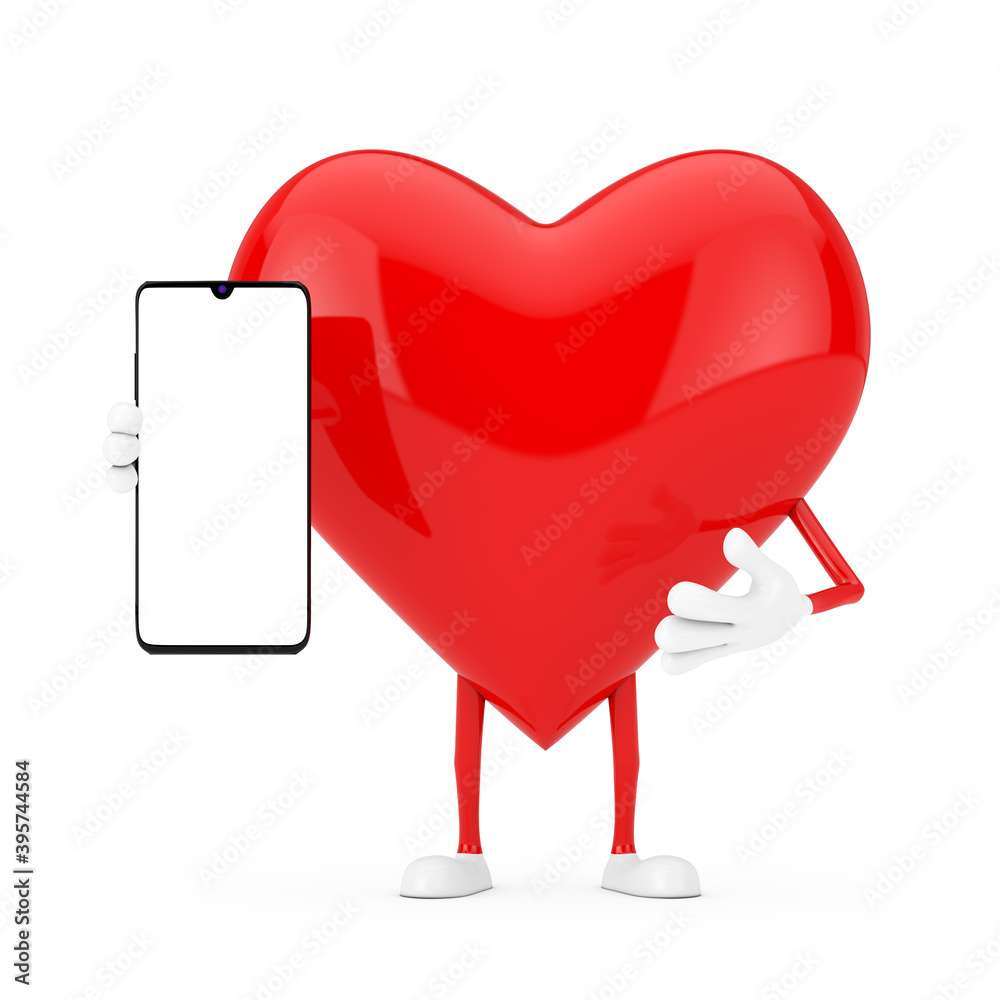 Fototapete Red Heart Character Mascot and Modern Mobile Phone with Blank Screen for Your Design. 3d Rendering