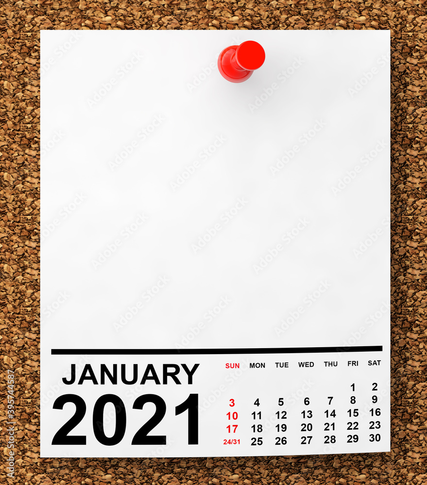 Aufkleber calendar january 2021 on blank note paper. 3d rendering