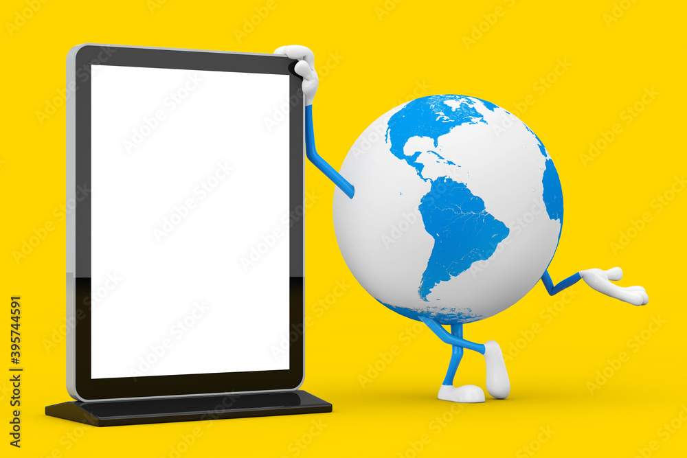 Leinwandbilder earth globe character mascot with blank trade show lcd screen stand as template for your design. 3d 