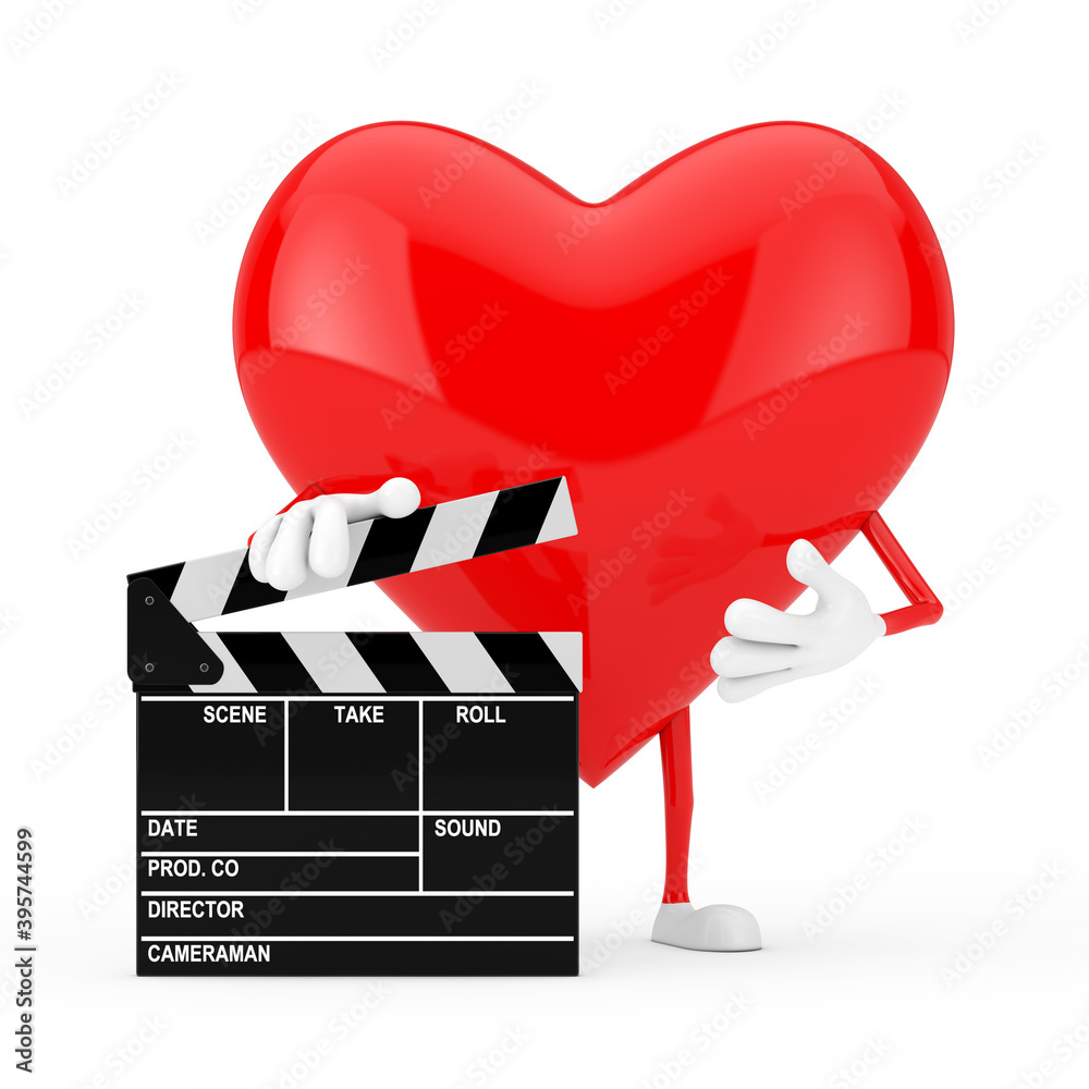 Aufkleber Red Heart Character Mascot with Movie Clapper Board. 3d Rendering