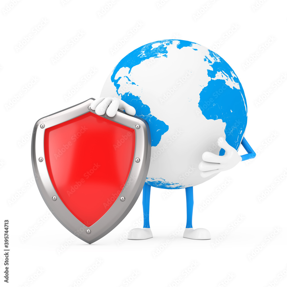 Aufkleber Earth Globe Character Mascot with Red Metal Protection Shield. 3d Rendering
