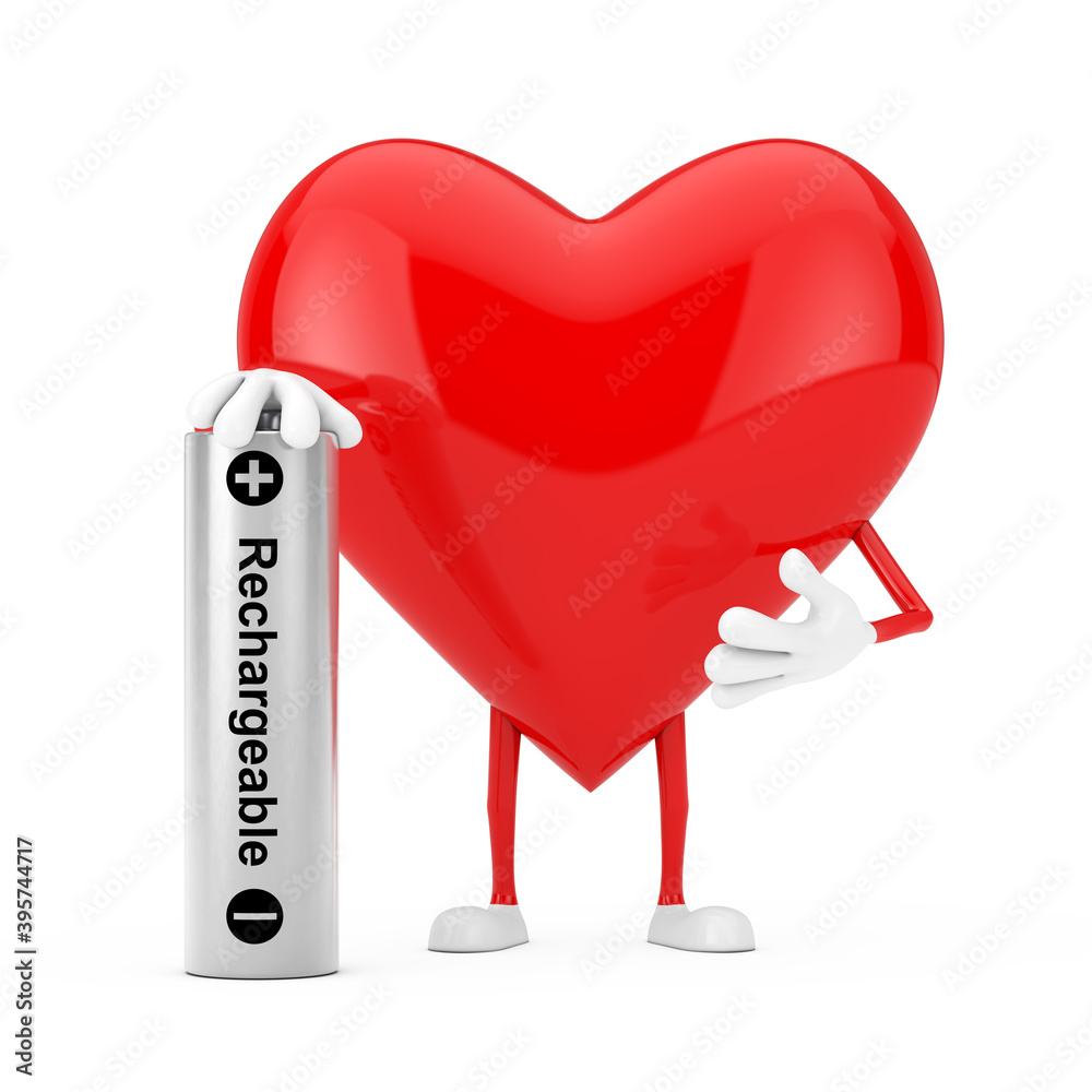 Poster red heart character mascot with rechargeable battery. 3d rendering