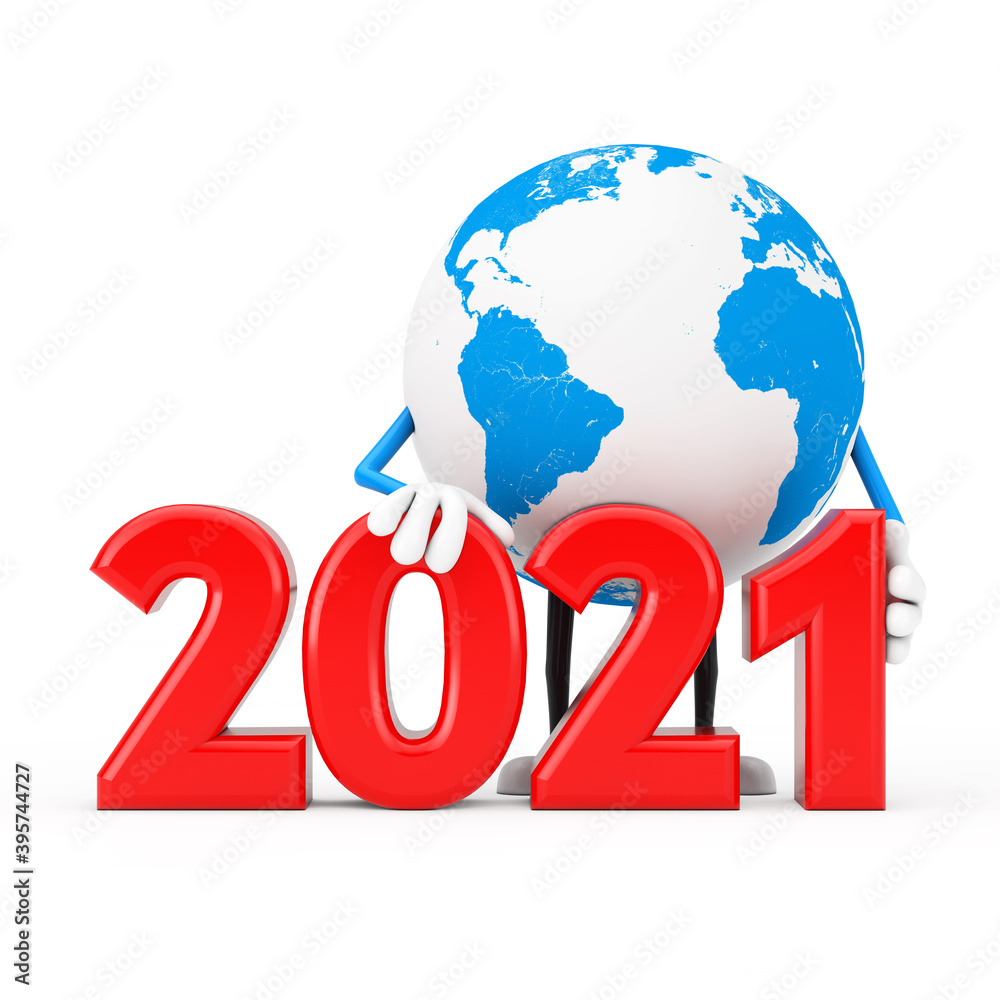Aufkleber earth globe character mascot with 2021 new year sign. 3d rendering