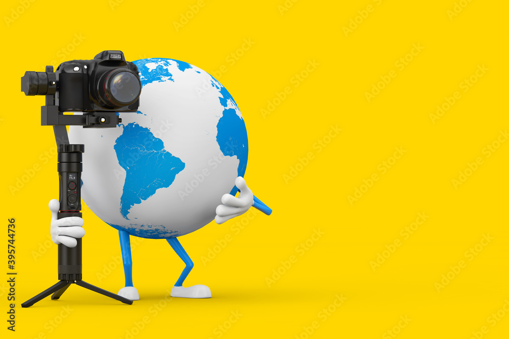 Leinwandbilder Earth Globe Character Mascot with DSLR or Video Camera Gimbal Stabilization Tripod System. 3d Rendering