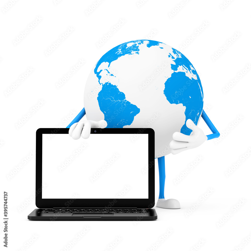 Fototapete earth globe character mascot and modern laptop notebook computer with blank screen for your design. 