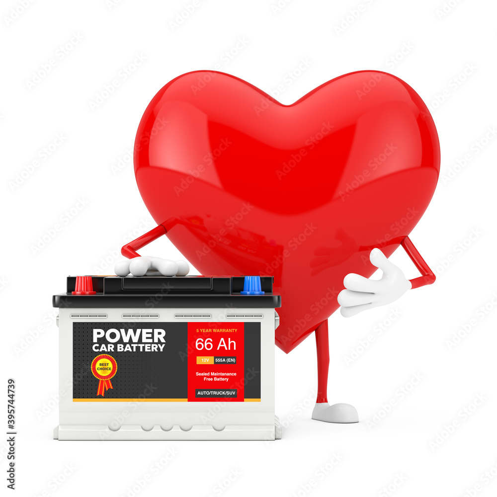 Aufkleber Red Heart Character Mascot and Rechargeable Car Battery 12V Accumulator with Abstract Label. 3d Rendering