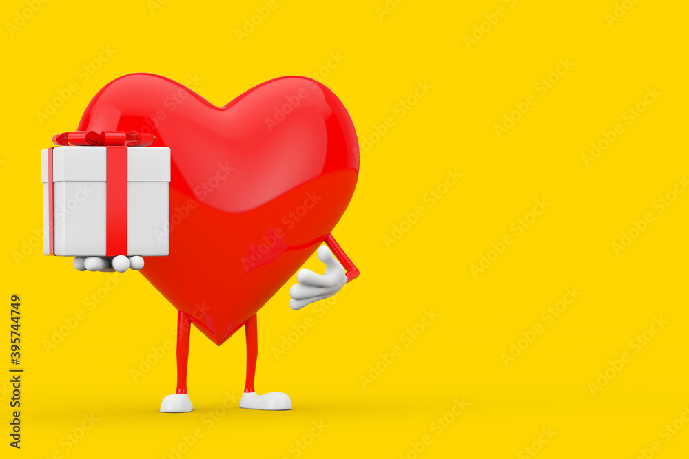 Poster Red Heart Character Mascot with Gift Box and Red Ribbon. 3d Rendering