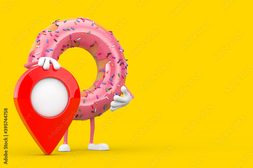 Fototapete big strawberry pink glazed donut character mascot with map pointer target pin. 3d rendering