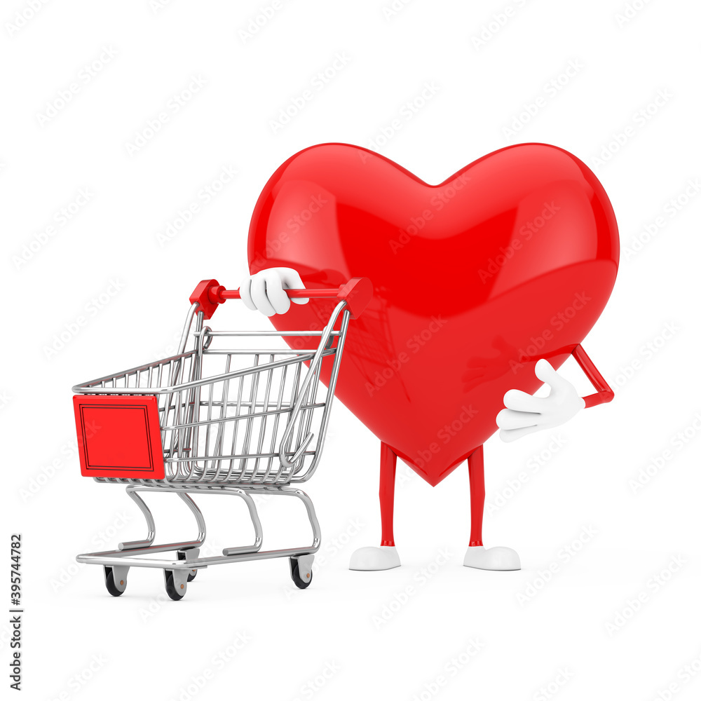 Aufkleber red heart character mascot with shopping cart trolley. 3d rendering