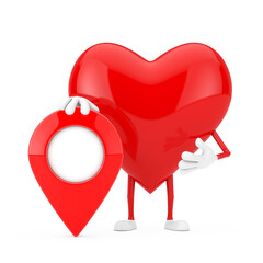 Red Heart Character Mascot with Red Map Pointer Targe Pin. 3d Rendering