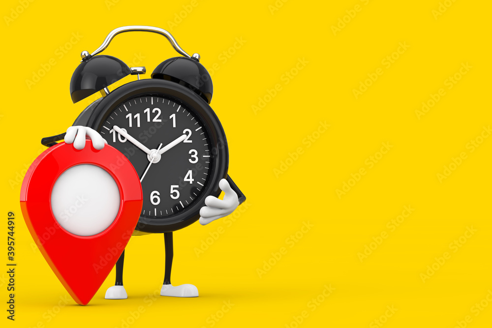 Fototapete Alarm Clock Character Mascot with Red Target Map Pointer Pin. 3d Rendering