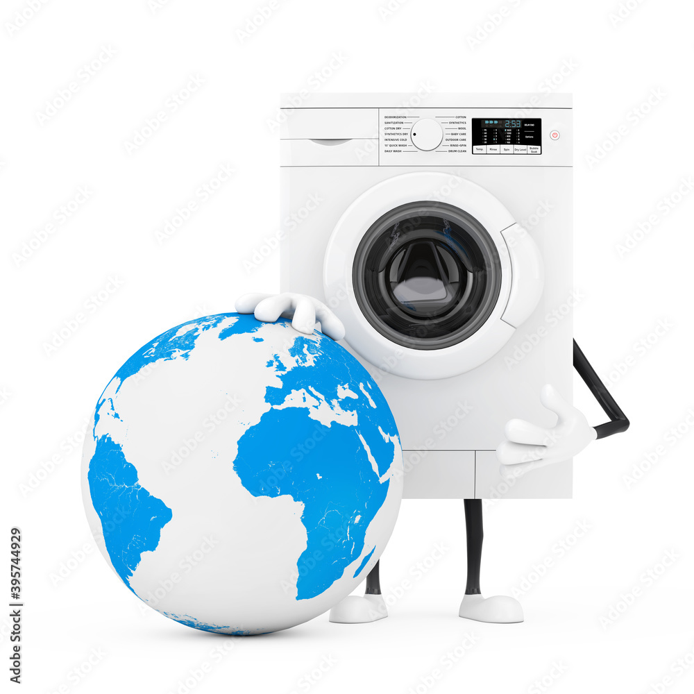 Poster modern white washing machine character mascot with gift box with earth globe. 3d rendering