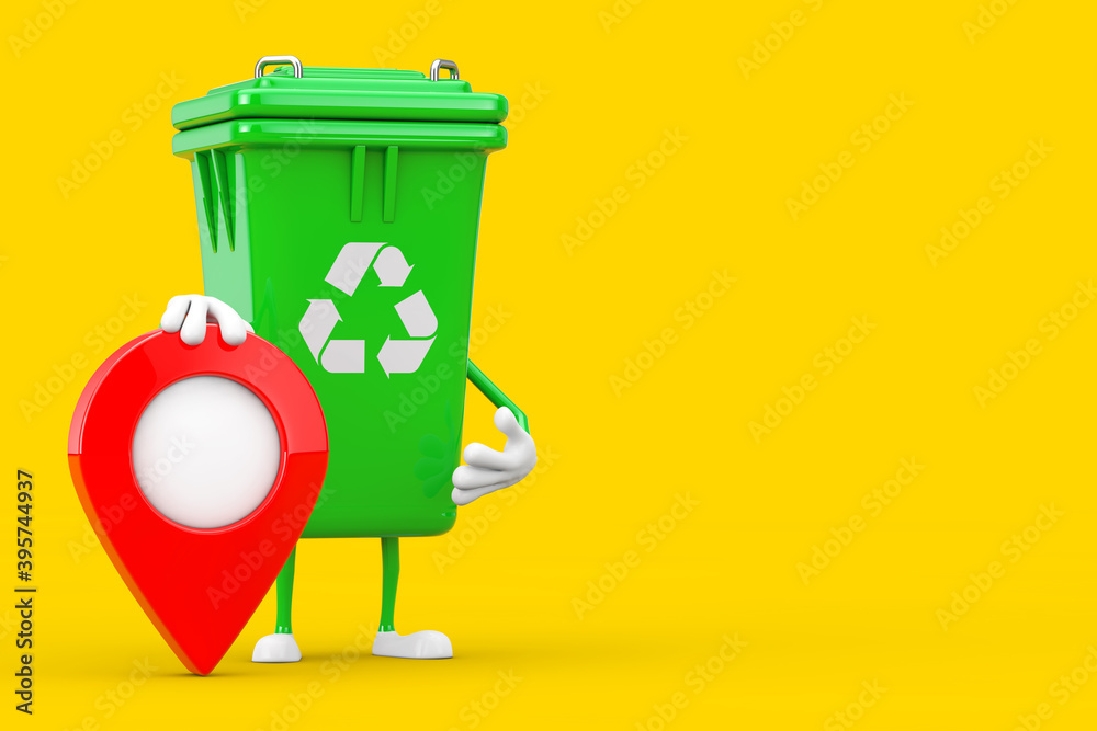 Poster Recycle Sign Green Garbage Trash Bin Character Mascot with Map Pointer Target Pin. 3d Rendering