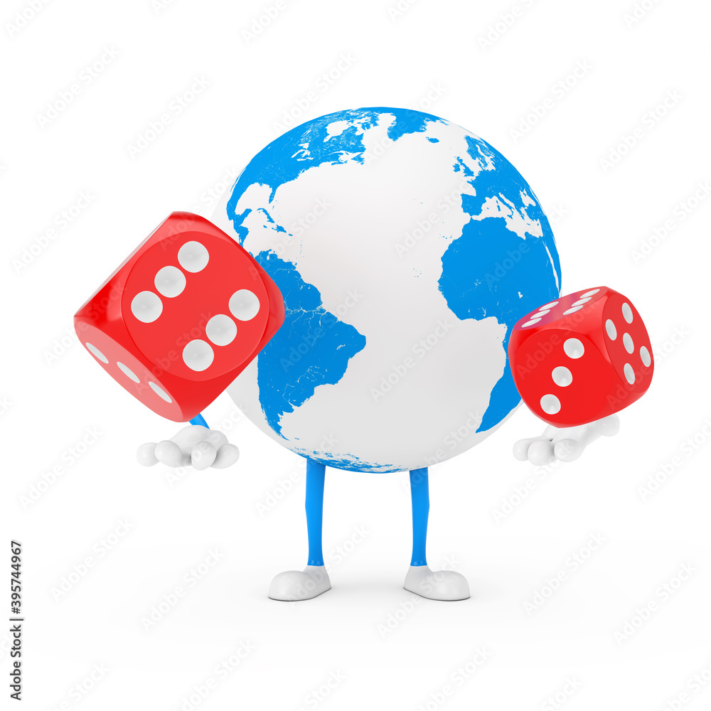 Leinwandbilder earth globe character mascot with red game dice cubes in flight. 3d rendering