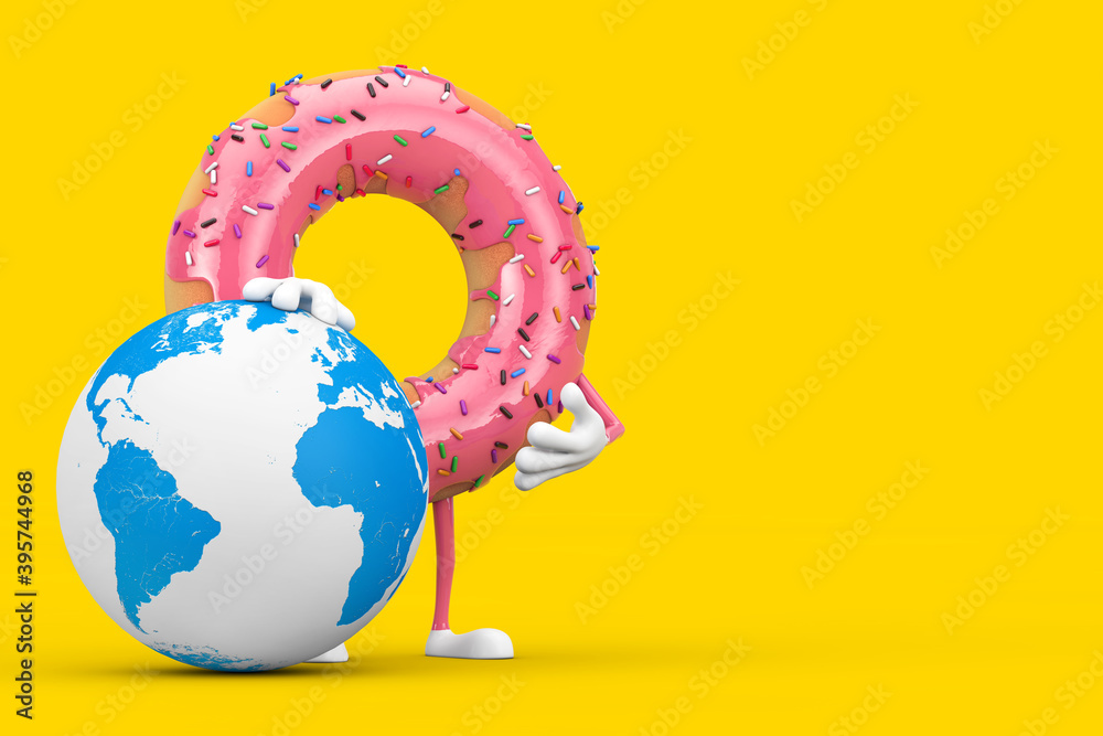 Aufkleber big strawberry pink glazed donut character mascot with earth globe. 3d rendering