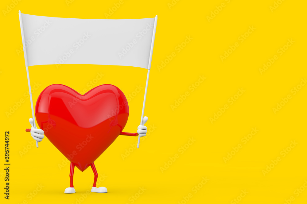 Fototapete red heart character mascot and empty white blank banner with free space for your design. 3d renderin