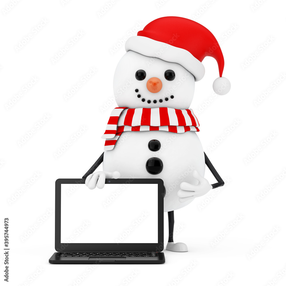 Fototapete snowman in santa claus hat character mascot and modern laptop notebook computer with blank screen fo