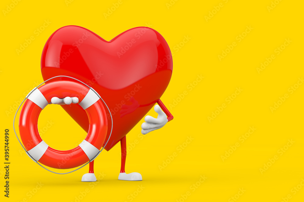 Poster red heart character mascot with life buoy. 3d rendering