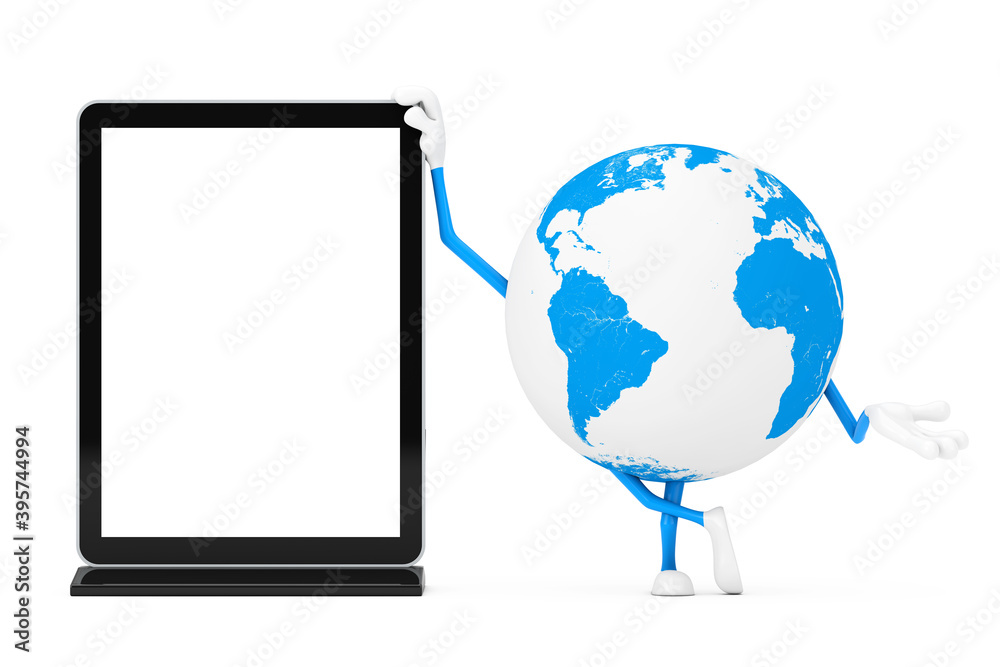 Leinwandbilder Earth Globe Character Mascot with Blank Trade Show LCD Screen Stand as Template for Your Design. 3d Rendering