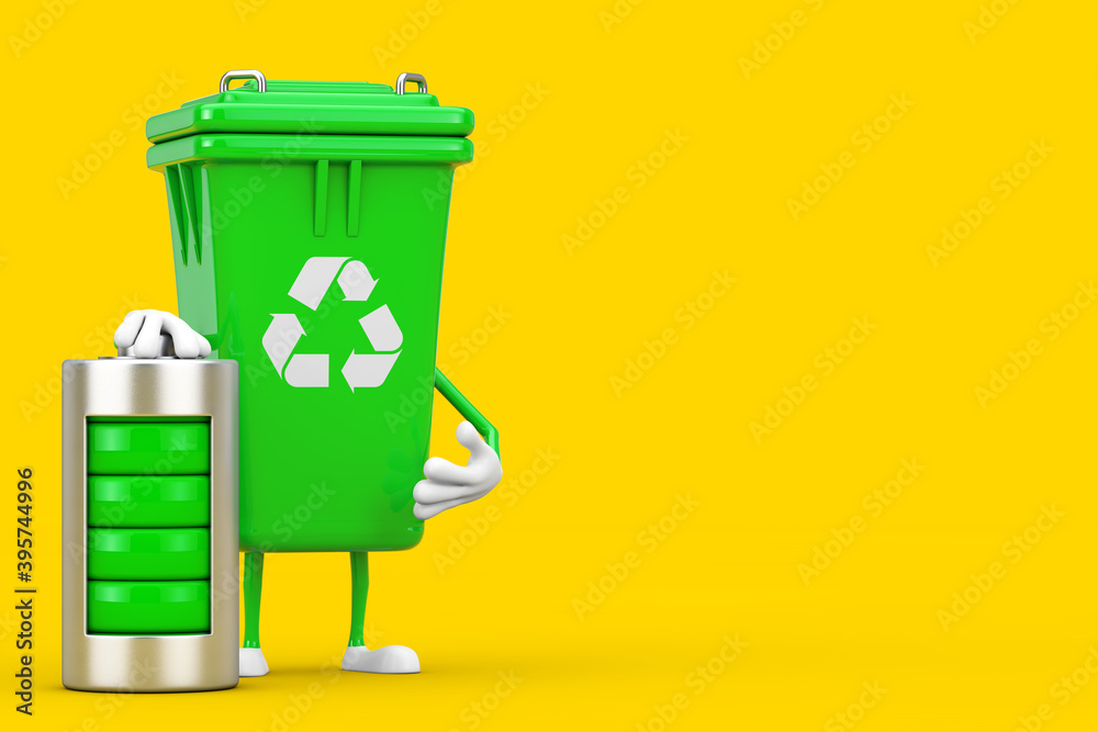 Poster recycle sign green garbage trash bin character mascot with with abstract charging battery. 3d render