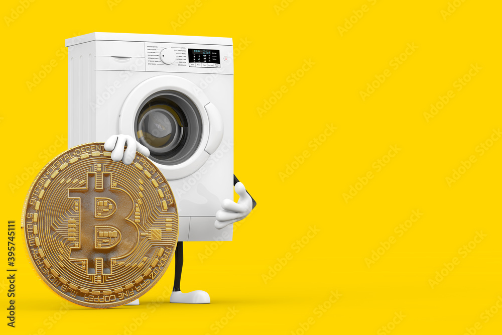Poster modern white washing machine character mascot with digital and cryptocurrency golden bitcoin coin. 3