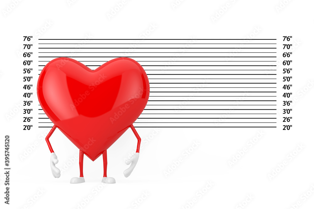 Poster red heart character mascot in front of police lineup or mugshot background. 3d rendering