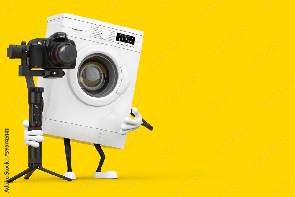 Aufkleber Modern White Washing Machine Character Mascot with DSLR or Video Camera Gimbal Stabilization Tripod System. 3d Rendering