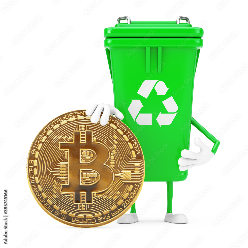 Poster recycle sign green garbage trash bin character mascot with digital and cryptocurrency golden bitcoin