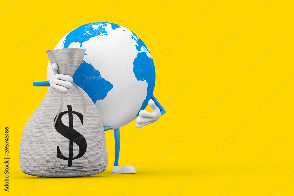 Aufkleber earth globe character mascot and modern mobile phone and tied rustic canvas linen money sack or mone