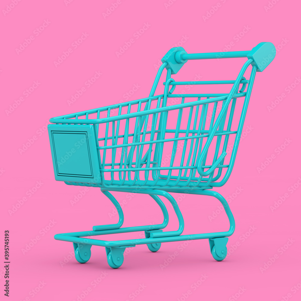 Poster blue shopping cart trolley mock up in duotone style. 3d rendering