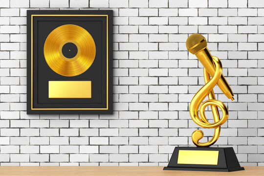 Golden Music Treble Clef with Microphone Award Trophy and Golden Vinyl or CD Prize Award with Label in Black Frame . 3d Rendering