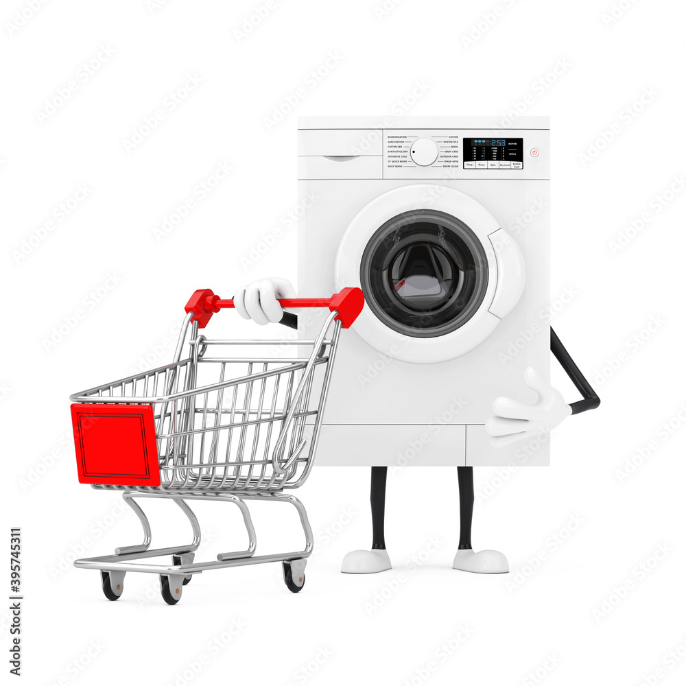 Poster modern white washing machine character mascot with shopping cart trolley. 3d rendering