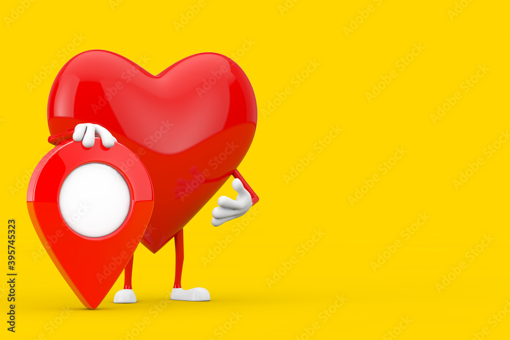 Fototapete Red Heart Character Mascot with Red Map Pointer Targe Pin. 3d Rendering