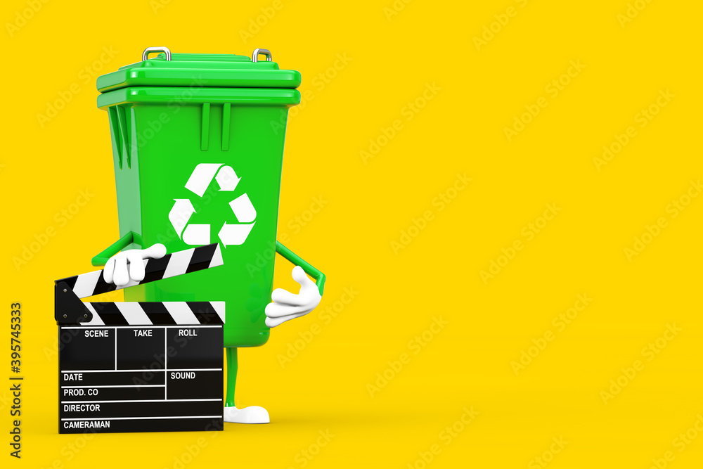 Poster Recycle Sign Green Garbage Trash Bin Character Mascot with Movie Clapper Board . 3d Rendering