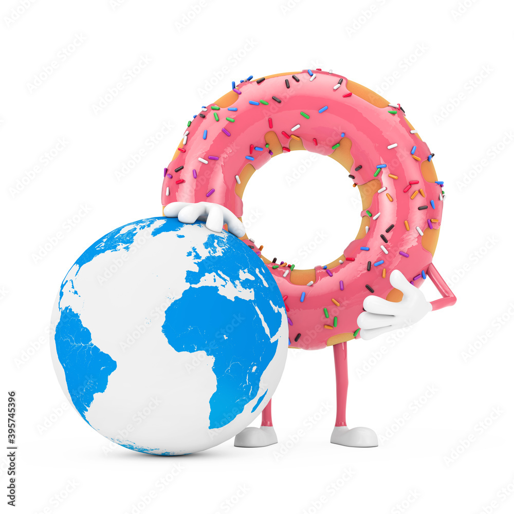 Aufkleber big strawberry pink glazed donut character mascot with earth globe. 3d rendering