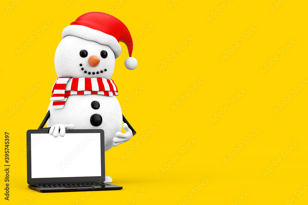 Fototapete snowman in santa claus hat character mascot and modern laptop notebook computer with blank screen fo