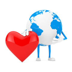 Earth Globe Character Mascot with Red Heart Icon. 3d Rendering