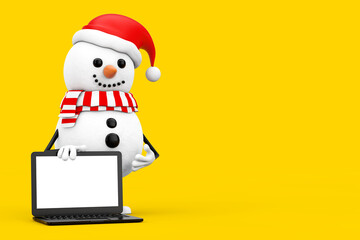 Snowman in Santa Claus Hat Character Mascot and Modern Laptop Notebook Computer with Blank Screen for Your Design. 3d Rendering