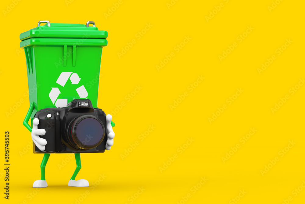 Aufkleber recycle sign green garbage trash bin character mascot with modern digital photo camera . 3d renderin