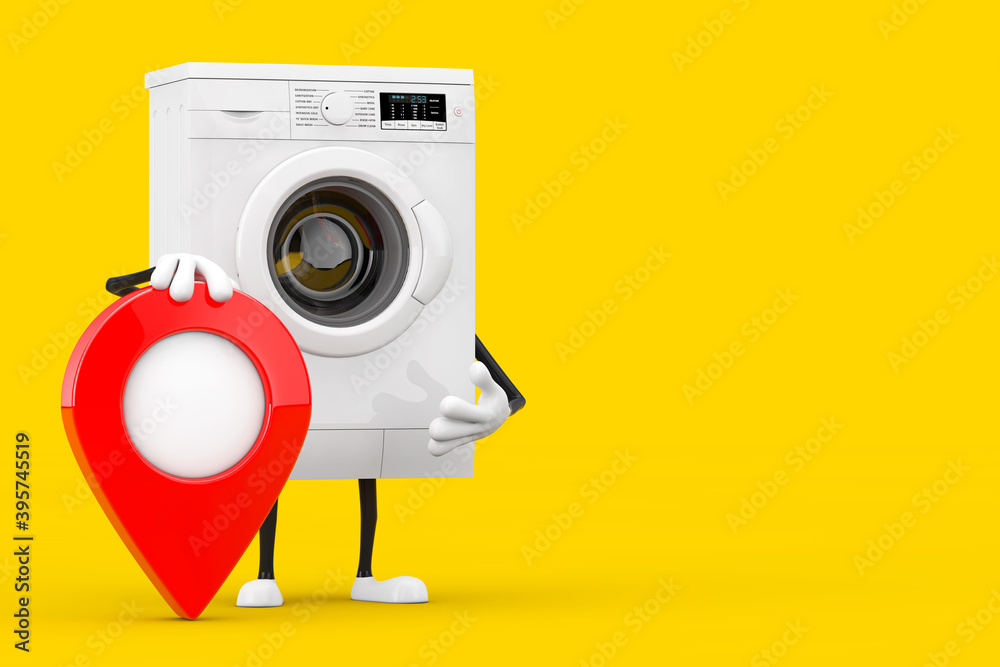 Fototapete modern white washing machine character mascot with red map pointer target pin. 3d rendering