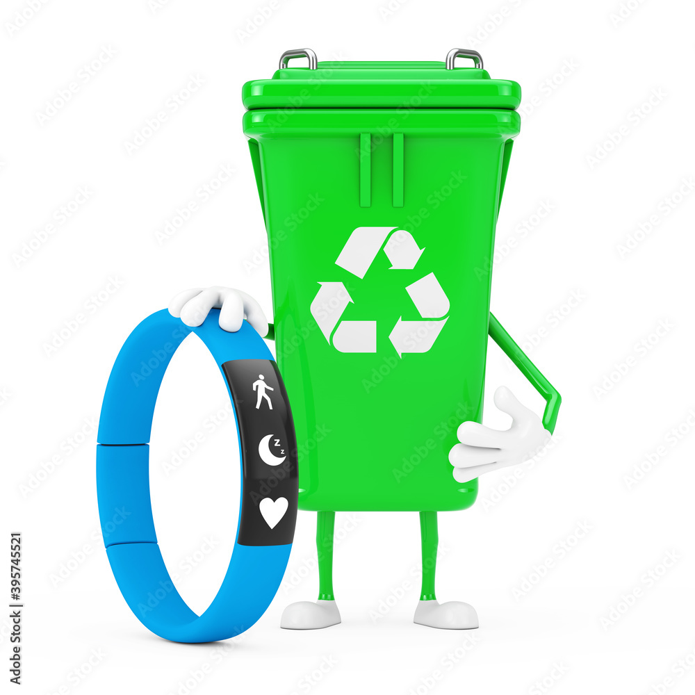 Poster Recycle Sign Green Garbage Trash Bin Character Mascot with Blue Fitness Tracker. 3d Rendering