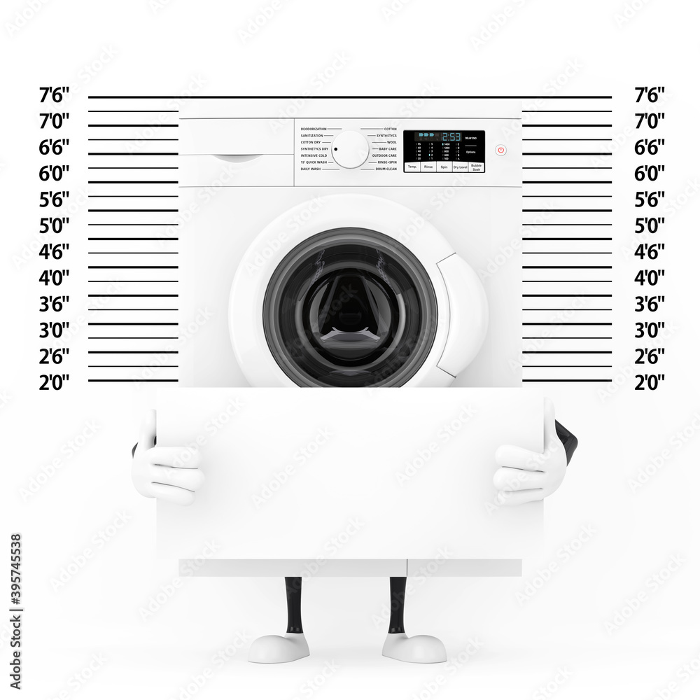 Poster modern white washing machine character mascot with identification plate in front of police lineup or