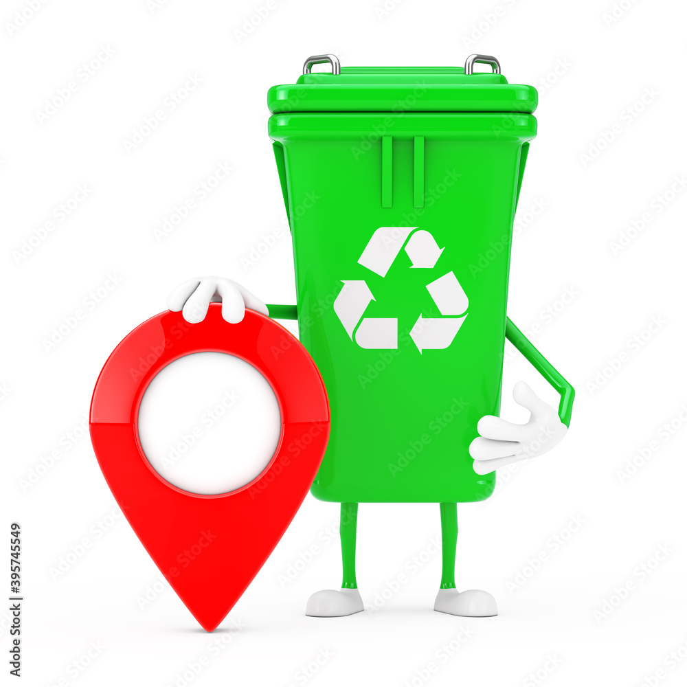 Fototapete Recycle Sign Green Garbage Trash Bin Character Mascot with Map Pointer Target Pin. 3d Rendering