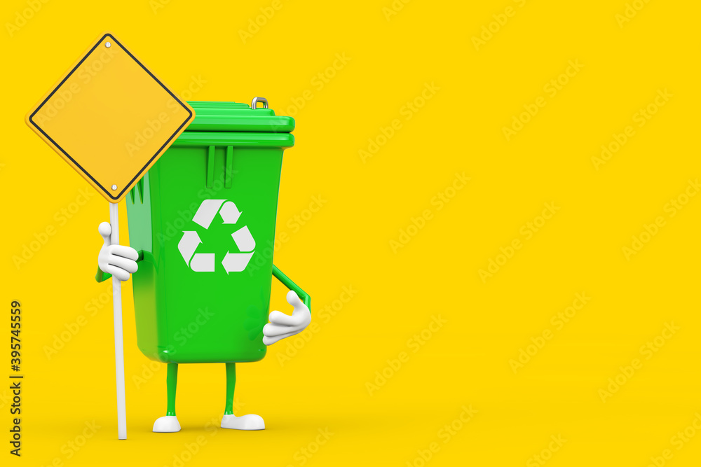 Aufkleber recycle sign green garbage trash bin character mascot and yellow road sign with free space for yours