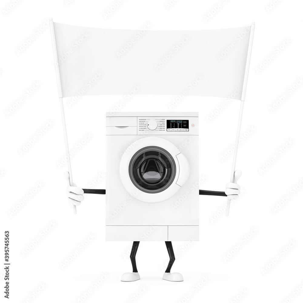 Leinwandbilder modern white washing machine character mascot and empty white blank banner with free space for your 