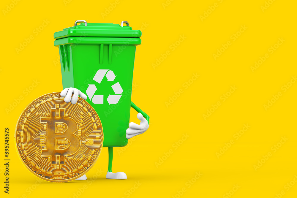 Poster recycle sign green garbage trash bin character mascot with digital and cryptocurrency golden bitcoin