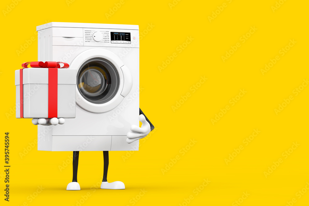 Poster modern white washing machine character mascot with gift box with red ribbon. 3d rendering